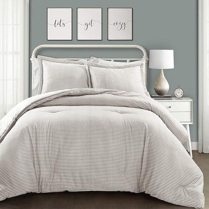 Lush Decor Stripe Reversible Cotton Comforter Set, Cozy Farmhouse Bedding Set, Full/Queen, Gray, 3 Piece Set
