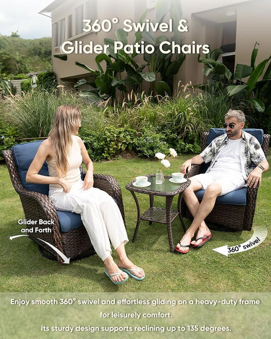 7-Piece Outdoor Wicker Patio Furniture Set with Swivel Glider Chairs, 3-Seat Sofa, Coffee Table & Ottomans 5” Olefin Cushions Ergonomic Neck-Lumbar Backrest All-Weather Rattan for Garden, Deck, Porch