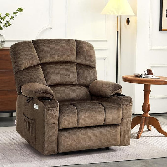 MCombo Oversized Dual Motor Power Lift Recliner Chair Sofa with Massage and Heat for Big Elderly People, Infinite Position, USB Ports, Fabric R7677 (Brown, Medium-Oversize)