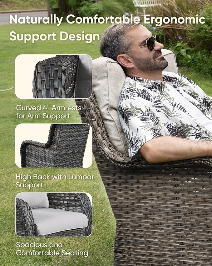 HUMMUH Patio Furniture Set with Fire Pit Table 5-Piece Wicker Outdoor Swivel Rocker Patio Chairs High Back Outdoor Couch Conversation Set for Porch, Backyard, Deck