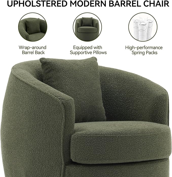 Swivel Accent Chair Set of 2, Modern Upholstered Boucle Barrel Arm Chairs with Pillow for Living Room, 360 Degree Round Swivel Sherpa Armchair with Round Base for Bedroom Club (2, Green)