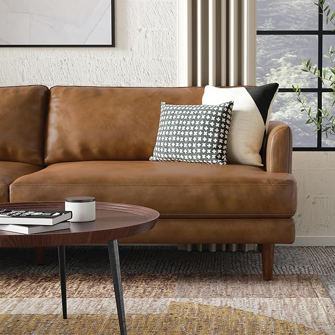 SIMPLIHOME Livingston 90-inch Wide Sofa in Caramel Brown Top Grain Genuine Leather, Handcrafted Mid-Century Modern Couch for Living Room, Large 3-Seater with Feather-Wrapped Cushions