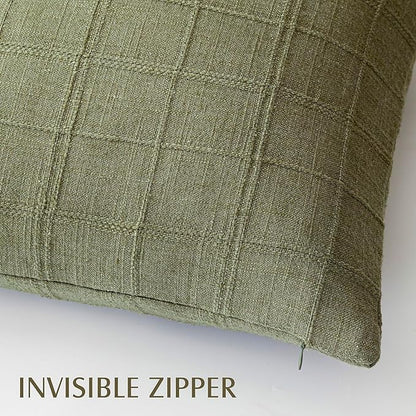 Foindtower Set of 2 Decorative Linen Check Throw Pillow Covers Neutral Farmhouse Lumbar Cushion Covers Modern Boho Home Decor for Sofa Chair Couch Bedroom Living Room,12×20 Inch,Sage Green