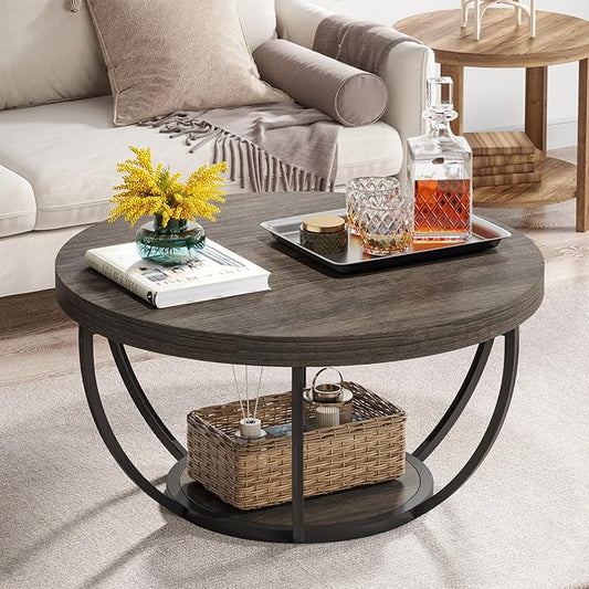 Tribesigns Round Coffee Table, 31.7" Wooden 2-Tier Circle Coffee Table with Storage Shelves, Modern Accent Cocktail Table Center Table for Living Room, Grey