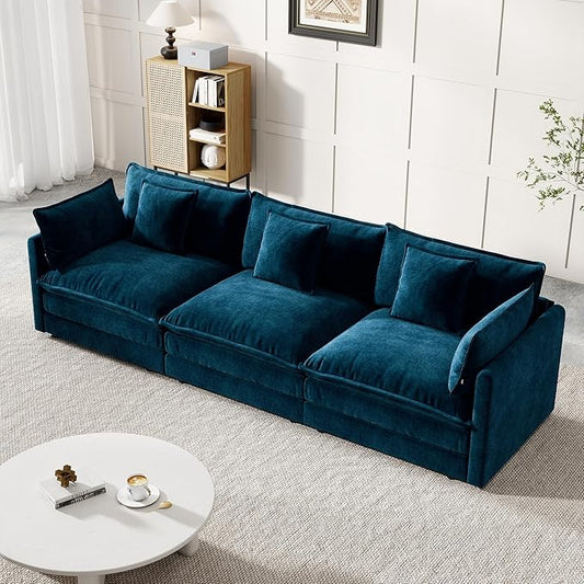 Modular Sectional Sofa, 111.5 Inch I-Shaped Cloud Sofa with Deep Seat Chenille Sofa with Cushions, Three-Self Sectional Sofa for Living Room Apartment,Blue