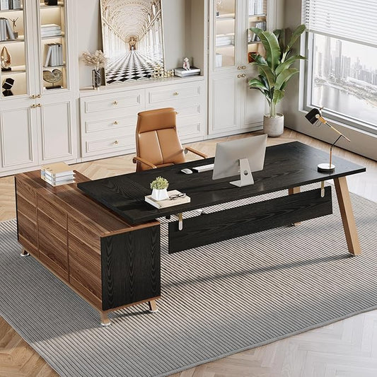 Tribesigns 78.7" L-Shaped Executive Desk, Modern Office Desk with File Drawers & Storage Shelves, Large Computer Desk with 55-Inch Cabinet, Business Workstation for Home Office, Black & Walnut