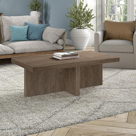 Henn&Hart 44" Fluted Rectangular Wood Pedestal Low-Profile Coffee Table for Living Room, Family Room or Office, Antiqued Gray Oak