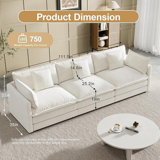 Modular Sectional Sofa, 111.5 Inch I-Shaped Cloud Sofa with Deep Seat Chenille Sofa with Cushions, Three-Self Sectional Sofa for Living Room Apartment,White