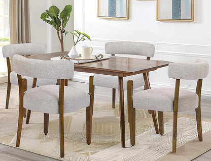 Modern Dining Chairs Set of 4, Walnut Upholstered Kitchen & Dining Room Chairs, Mid Century Modern Wooden Dining Chairs Oversized Sturdy Rounded Chairs Curved Back, Beige Fabric
