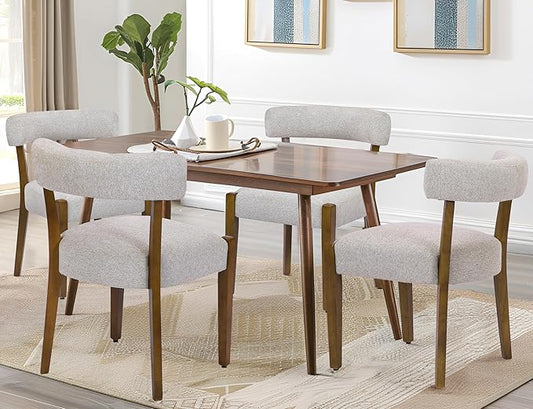 Modern Dining Chairs Set of 4, Walnut Upholstered Kitchen & Dining Room Chairs, Mid Century Modern Wooden Dining Chairs Oversized Sturdy Rounded Chairs Curved Back, Beige Fabric
