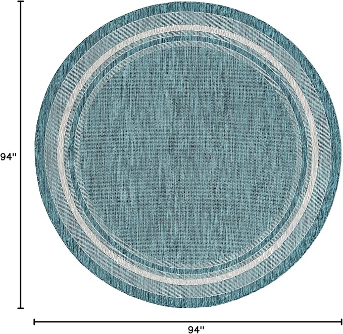 Unique Loom Outdoor Border Collection Area Rug - Soft Border (7' 10" Round, Teal/ Ivory)