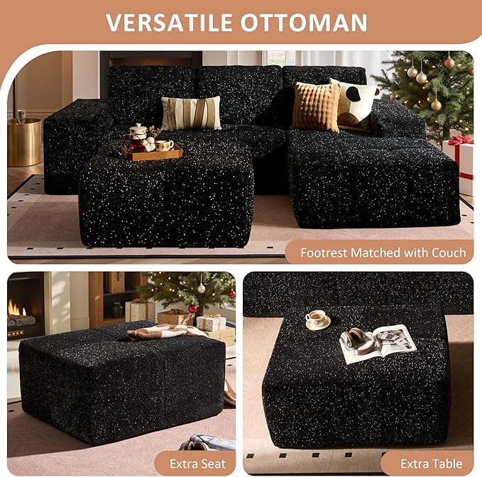37.8" Glitter Velvet Ottoman for Couch, Memory Foam Cloud Boneless Sectional Couch for Living Room Foot Stools No Assembly Require (Sparkly Velvet, Black)