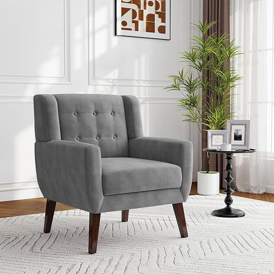 Lumibee Accent Chair, Modern Velevet Armchair for Living Room, Comfy Upholstered Arm Chair Tufted for Indoor Bedroom Office Room (Gray Velvet)