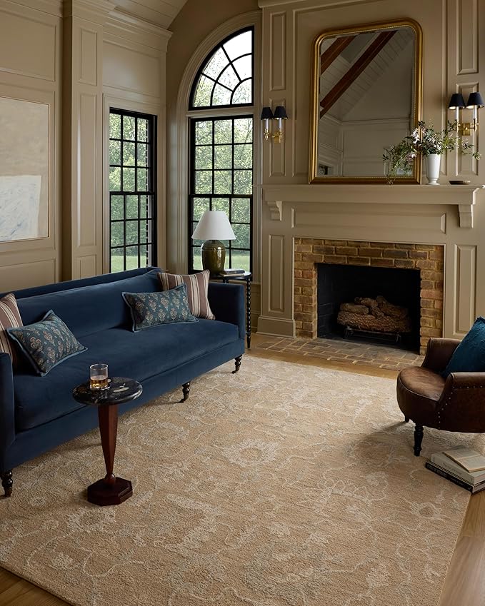 Loloi Chris Loves Julia Dorothea Collection DRT-01 Sand/Pebble 2'-6" x 7'-6" Runner Rug Wool Neutral Floral Living Room Bedroom Carpet