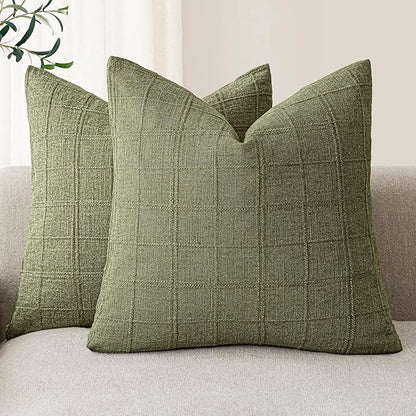 Foindtower Set of 2 Decorative Linen Check Throw Pillow Covers Neutral Farmhouse Vintage Cushion Covers Modern Boho Home Decor for Sofa Chair Couch Bedroom Living Room,26×26 Inch,Sage Green