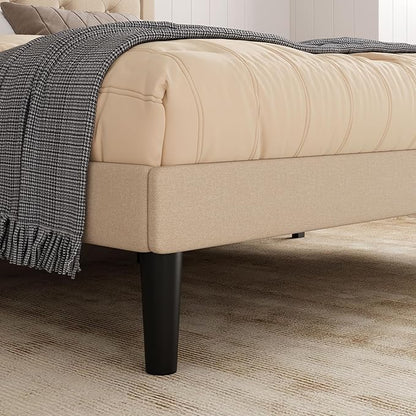 Allewie Full Size Button Tufted/Fabric Upholstered Bed Frame with Adjustable Headboard/Wood Slat Support/Mattress Foundation/Beige