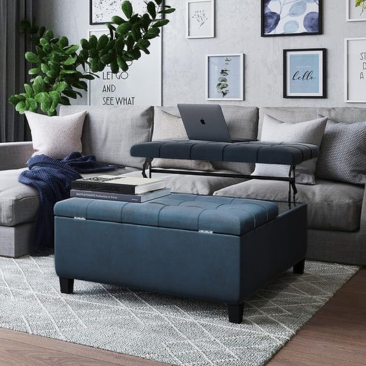 SIMPLIHOME Harrison 36 inch Wide Traditional Square Coffee Table Storage Ottoman in Distressed Dark Blue Vegan Faux Leather, Assembled, For the Living Room and Bedroom