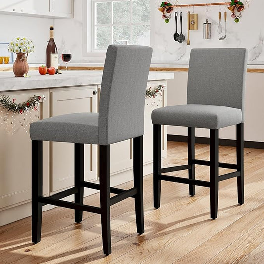LSSPAID Bar Stools Set of 2, 24.8 Inch Upholstered Fabric Counter Height Stools, Modern Kitchen Island Wood Bar Chairs Barstools with Backrest and Solid Wood Legs, Grey