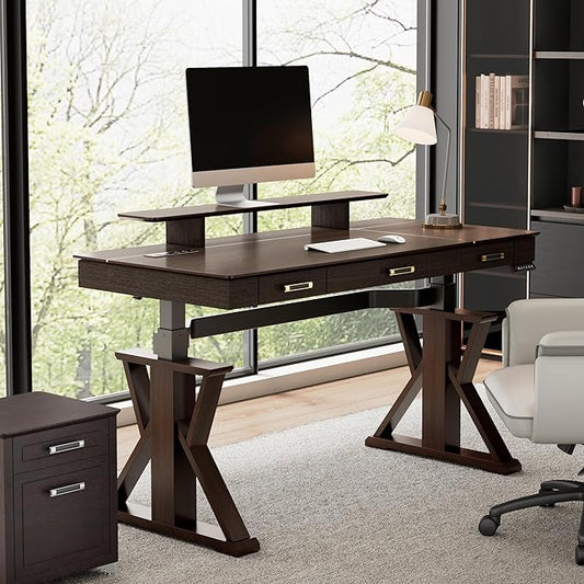 EUREKA ERGONOMIC Standing Desk, 63 inch Executive Desk w Drawers,Modern X-Shaped Leg Luxury Home Office Computer Desk w Monitor Stand,Smoked Oak