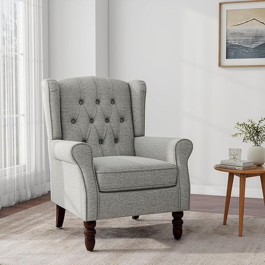 Accent Chair, Upholstered Armchair with Button Tufted High Back & Solid Wood Legs, Comfy Wingback Reading Single Sofa Chair for Small Spaces, Living Room, Bedroom (Grey, Set of 1)