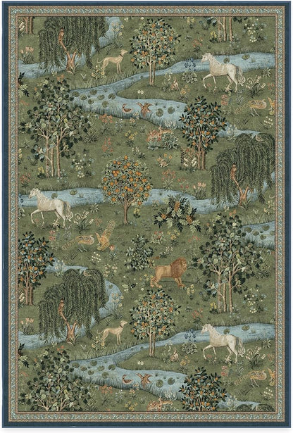 RUGGABLE x Morris & Co Washable Area Rug – Owl & Willow Green 6x9, Stain-Resistant, Non-Slip – Medium Machine Washable Rugs for Living Room, Bedroom, Hallway, Entryway & Office–with Standard Pad