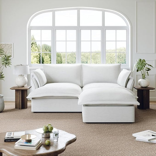 82” Modular Sectional Sofa, Comfy Down Fill Cloud Couch with Movable Ottoman, L Shaped Modular Small Couch with Washable Cover, Sectional Couches for Living Room Small Apartments, Cream White