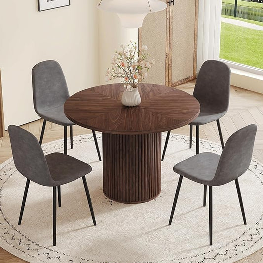 42" Round Dining Table Set for 4 with Storage, 5 Piece Round Dining Table Set with Fabric Chairs, Round Kitchen Table and Chairs for 4 with Thick Wood Top, Roman Column Pedestal, Space-Saving