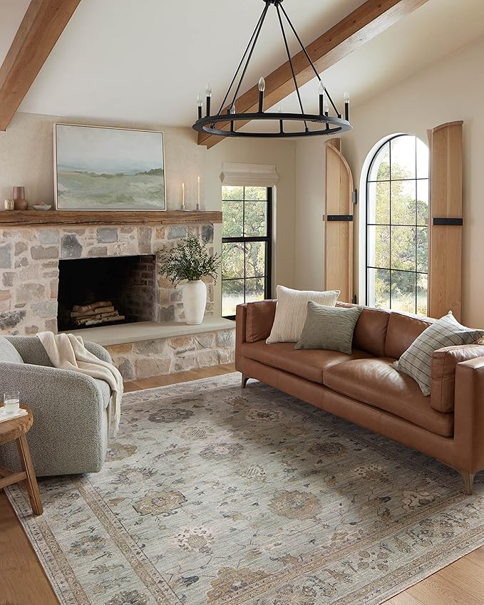 Loloi Magnolia Home by Joanna Gaines Millie Collection MIE-02 Sky/Gold 5'-3" x 5'-3", .25" Pile Height, Round Area Rug