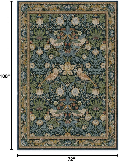 RUGGABLE x Morris & Co Washable Area Rug – Strawberry Thief Indigo 6x9, Stain-Resistant, Non-Slip – Medium Machine Washable Rugs for Living Room, Bedroom, Hallway, Entryway & Office–with Standard Pad