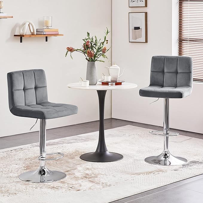 Yaheetech Bar Stools Set of 2, Adjustable Velvet Fabric Swivel Barstools, Modern Counter Stools with Back and Footrest, Counter Height Barstools for Bar, Kitchen, Dining Room, Dark Gray