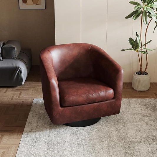 Lumibee Swivel Accent Chair, Faux Leather Swivel Barrel Chair for Living Room, Modern Comfy Upholstered Round Armchair Single Sofa Chair for Bedroom, Club-Red Brown