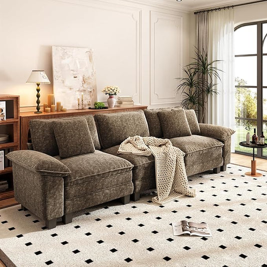 PHI VILLA Modern Modular Couches Sets, 123.6" Cloud Sectional Sofa with Upholstered Deep Seat, 3-Seater Couch for Living Room Small Spaces, Chenille Fabric, Taupe