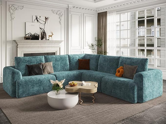EASE MOOSE Cloud Couch Sectional Sofa, Large L-Shaped Oversized Modular Couch for Living Room, Minimalist Boneless Convertible Couches, 5-Seat Deep Sofas for Bedroom, Chenille (Blue)