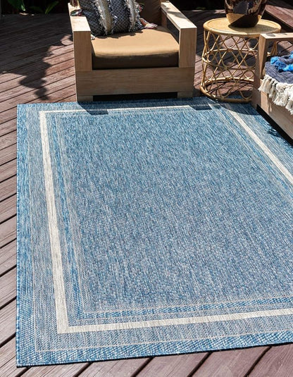Unique Loom Outdoor Border Collection Area Rug - Soft Border (7' 1" x 10' Rectangle, Blue/ Ivory)