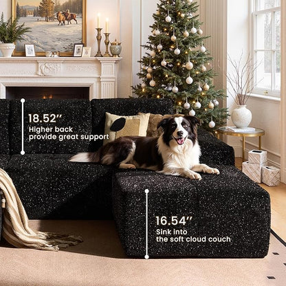 114" Glitter Cloud Sectional Couch with L-Shape Chaise & Ottoman, Modern Boneless Couches for Living Room, Fluffy Tufted Deep Seat Modular Sofa No Assembly (Black Sparkly Velvet,Left Facing)