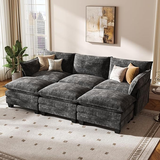 KKL 91.3" Large Modular Sectional Sofa Bed, 6 Seater Convertible J/L-Shaped Sleeper Cloud Couch with Ottoman, Chenille Sectional Couches for Living Room, Apartment, Grey