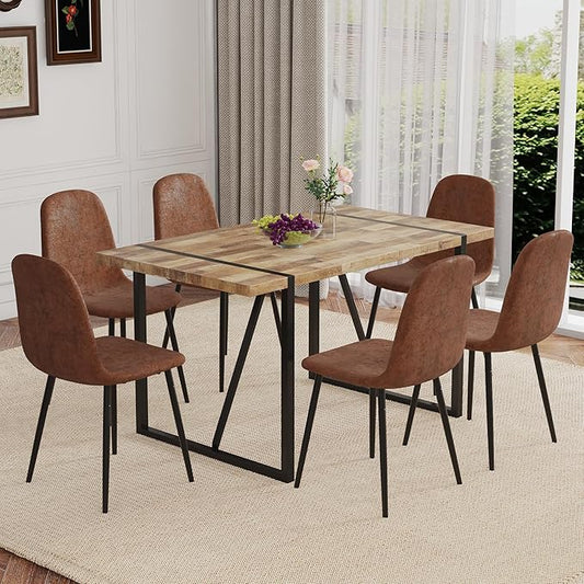 6 Chair Dining Table Set，Dinner Table Set for 6, 55'' Kitchen Table and PU Leather Chairs Set of 6, 7 Piece Dining Table Set for Kitchen Dining Room