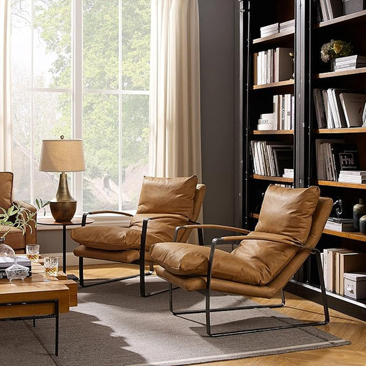 Art Leon Set of 2 Genuine Leather Accent Chairs, Mid Century Modern Lounge Chair Living Room Sofa Chair with Black Metal Frame, Light Brown