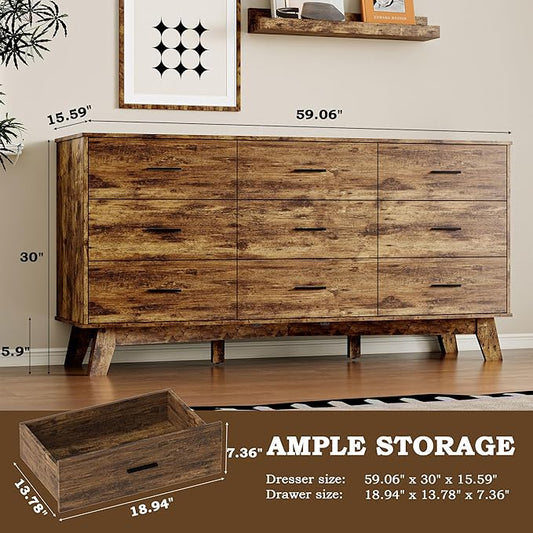 Dresser for Bedroom with 9-Drawer, 59" Wide Modern Chest of Drawers with Metal Handles, X-Shape Base & Adjustable Center Leg, Anti-Tip Closet Organizers and Storage