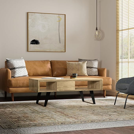 SIMPLIHOME Lowry Solid Mango Wood and Metal 48 inch Wide Rectangle Modern Industrial Coffee Table in Natural for The Living Room and Family Room