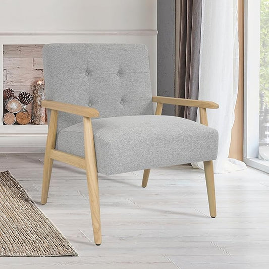 Mid-Century Modern Accent Chair, Natural Wood Frame (Gray Woven)