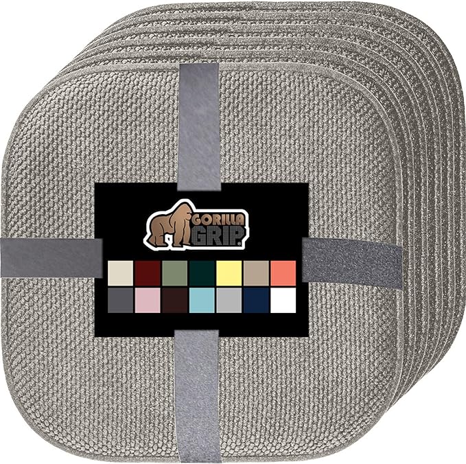 GORILLA GRIP Slip Resistant Chair Cushions, No Ties Required, Set of 6 Memory Foam Pads for Dining Room, Kitchen Table, Office, Rocking Chairs, Plush Seat Cover Cushion Pad, Home Decor, 16x16, Lt Gray