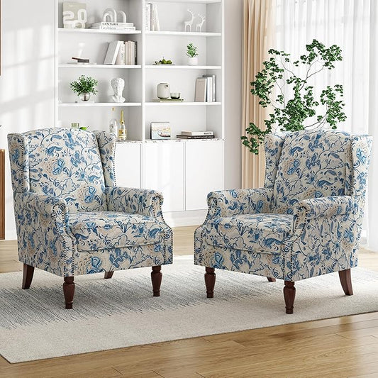 Pia Ricco Set of 2 Floral Accent Chairs, High Back Upholstered Armchairs with Retro Wingback Design, Nailhead Trim & Solid Wood Legs for Living Room Bedroom(Flower Blue)