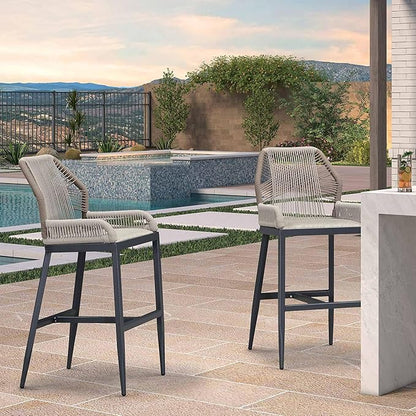 PURPLE LEAF 2 Pieces Bar Stools Patio Modern Rattan Barstools Aluminum Woven Tall Bar Chairs with Cushions for Outdoor Kitchen Island Garden