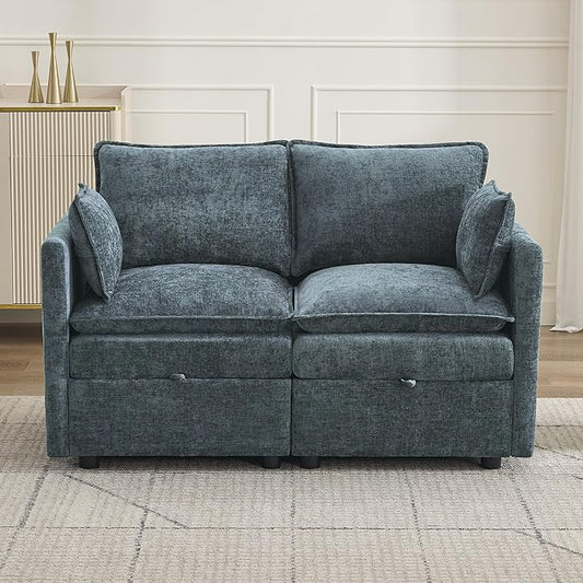55" Cloud Modular Loveseat Sofa with Storage, Modern Upholstered Sofa Couch Small Love Seat，2 Seater Chenille Comfy Sectional Sofa with Armrests for Living Room, Small Space, Blue