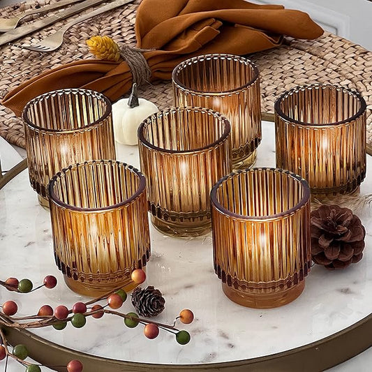 Kate Aspen Vintage Glass Tealight & Amber Votive Candle Holders (Set of 6) – Rustic Fluted Candle Holder Set, Boho Home Decor, Wedding Table Centerpieces, Farmhouse Kitchen Table Decor