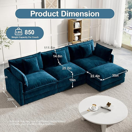Modular Sectional Sofa, 111.5 Inch L-Shaped Cloud Sofa with Deep Seat Chenille Sofa with Cushions, Three-Self Sectional Sofa for Living Room Apartment,Blue