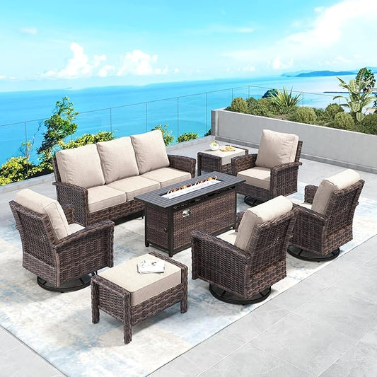 Patio Furniture Set with Swivel Chairs, High Back Wicker Rattan Furniture with 5.5" Thick Cushions, Fire Pit Table and Ottomans, All Weather Outdoor Conversation Set for Backyard Deck,9 Seats, Beige