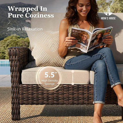 HERA’S HOUSE Wicker Patio Furniture Set, High Back Swivel Chairs with 5.5-Inch Thick Cushions, 6-Piece Outdoor Deep Seating Conversation Sets with Fire Pit Table & Ottomans for Deck Yard Garden, Beige