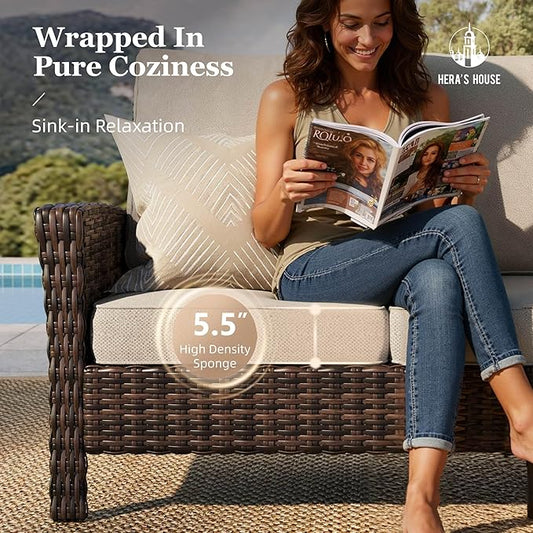 HERA’S HOUSE Wicker Patio Furniture Set, High Back Swivel Chairs with 5.5-Inch Thick Cushions, 6-Piece Outdoor Deep Seating Conversation Sets with Fire Pit Table & Ottomans for Deck Yard Garden, Beige